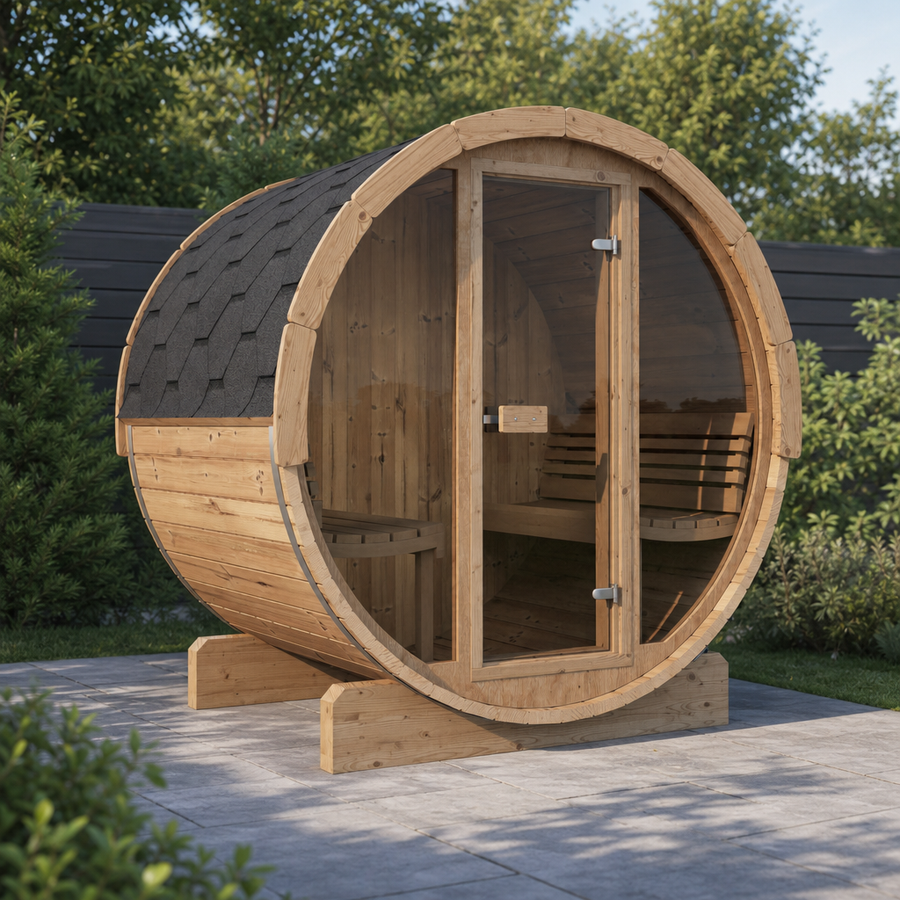 Barrel Sauna Ergo 150 — 1-2 Person Spruce Garden Sauna, 1.5m — lifestyle photo 9