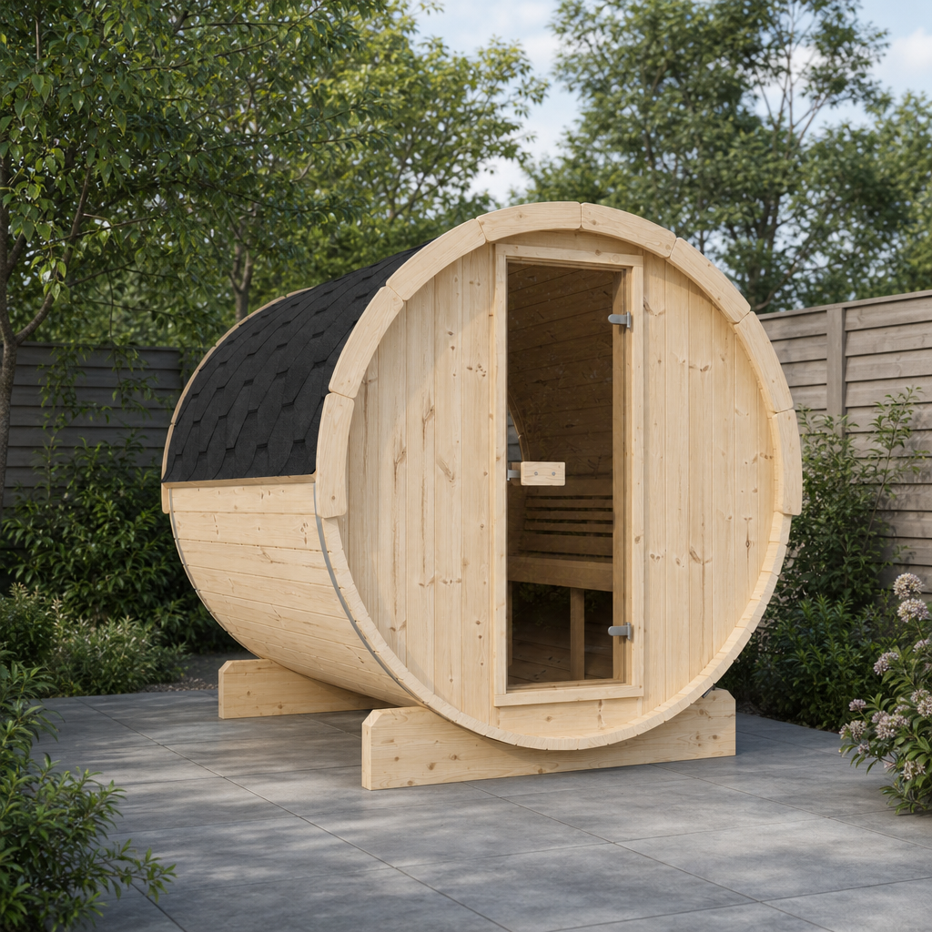 Barrel Sauna Ergo 220 — 4–5 Person Spruce Garden Sauna, Ergonomic Benches & Backrests, 2.2m
