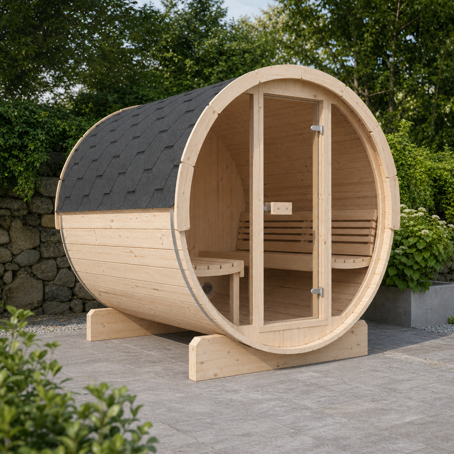 Barrel Sauna Ergo 220 — Thermowood Garden Sauna for Groups, 2.2m — lifestyle photo 2