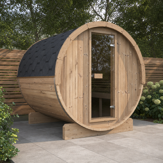 Barrel Sauna Ergo 220 — Thermowood Garden Sauna for Groups, 2.2m — lifestyle photo 3