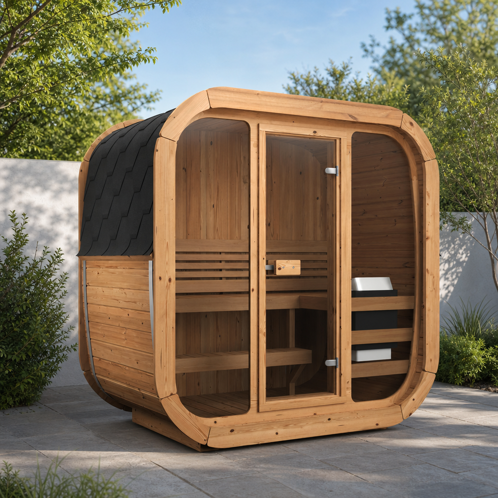 Cube Sauna Icon 125 — 1–2 Person Thermowood Garden Sauna, Full Front Glass, 1.25m