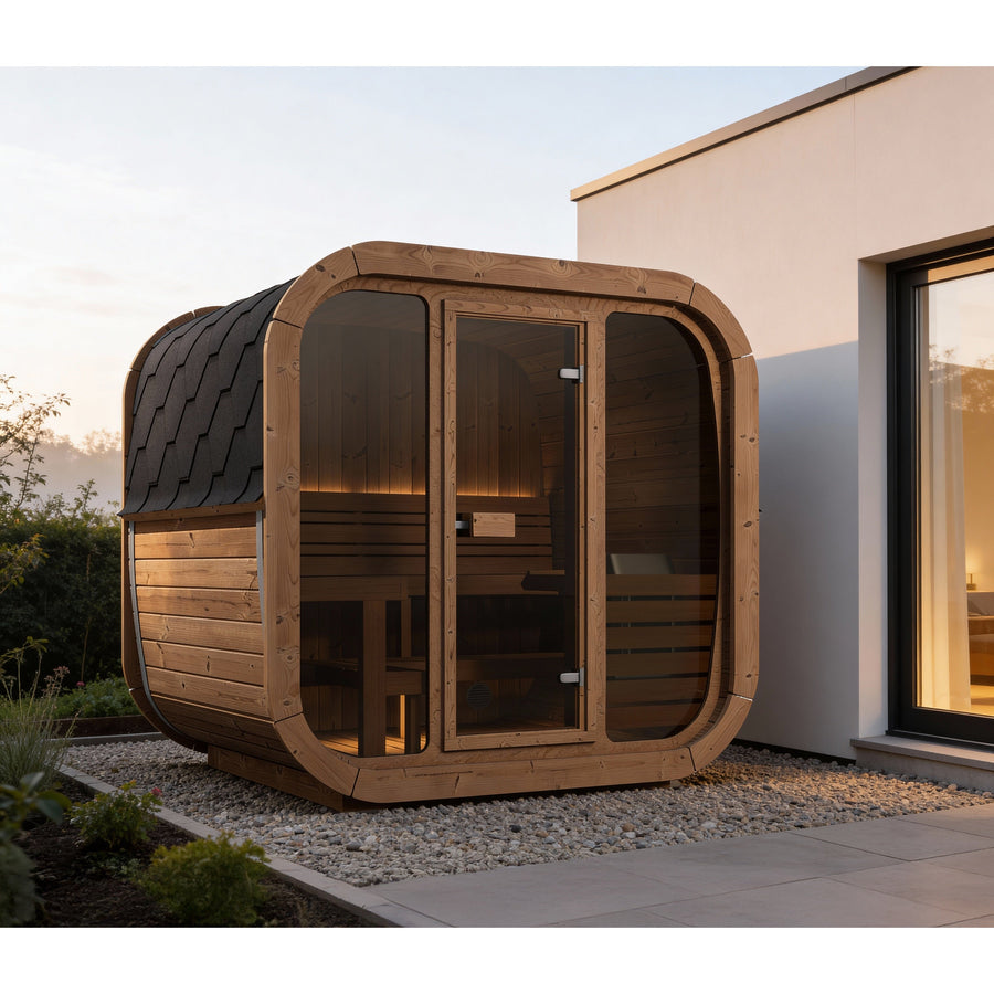 Cube Sauna Icon 160 — Thermowood Sauna for Couples, Front Glass 1.6m — lifestyle photo 1