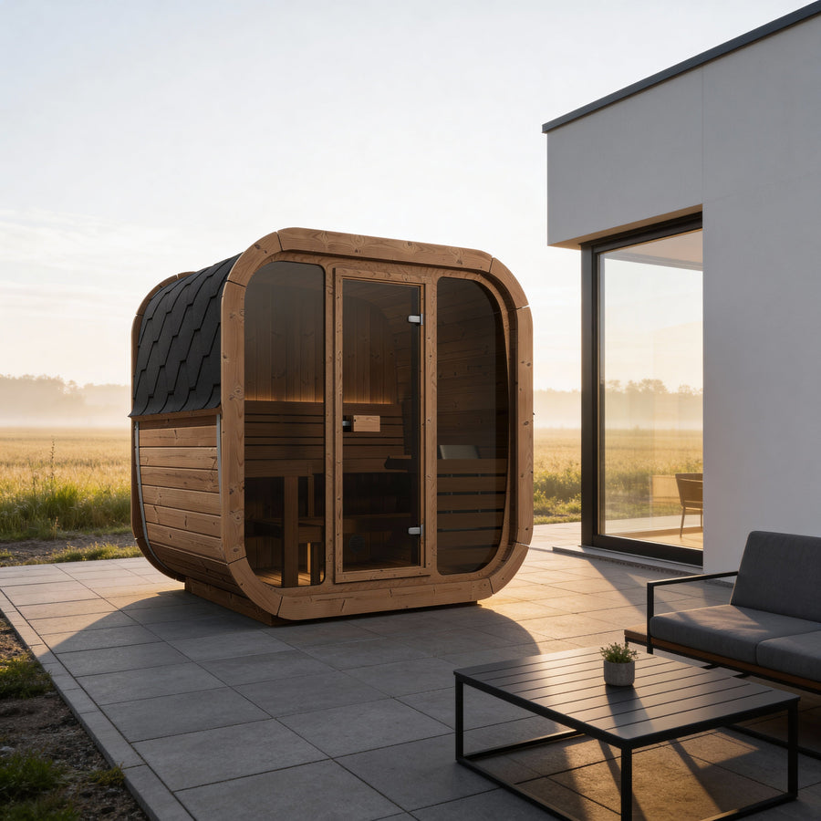 Cube Sauna Icon 160 — Thermowood Sauna for Couples, Front Glass 1.6m — lifestyle photo 2