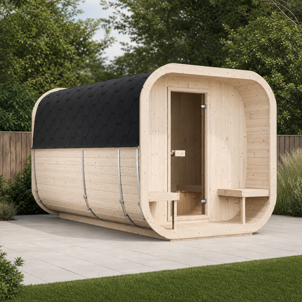 Cube Sauna Icon 385 XL — 8–10 Person Spruce Garden Sauna, Two Rooms & Terrace, 3.85m