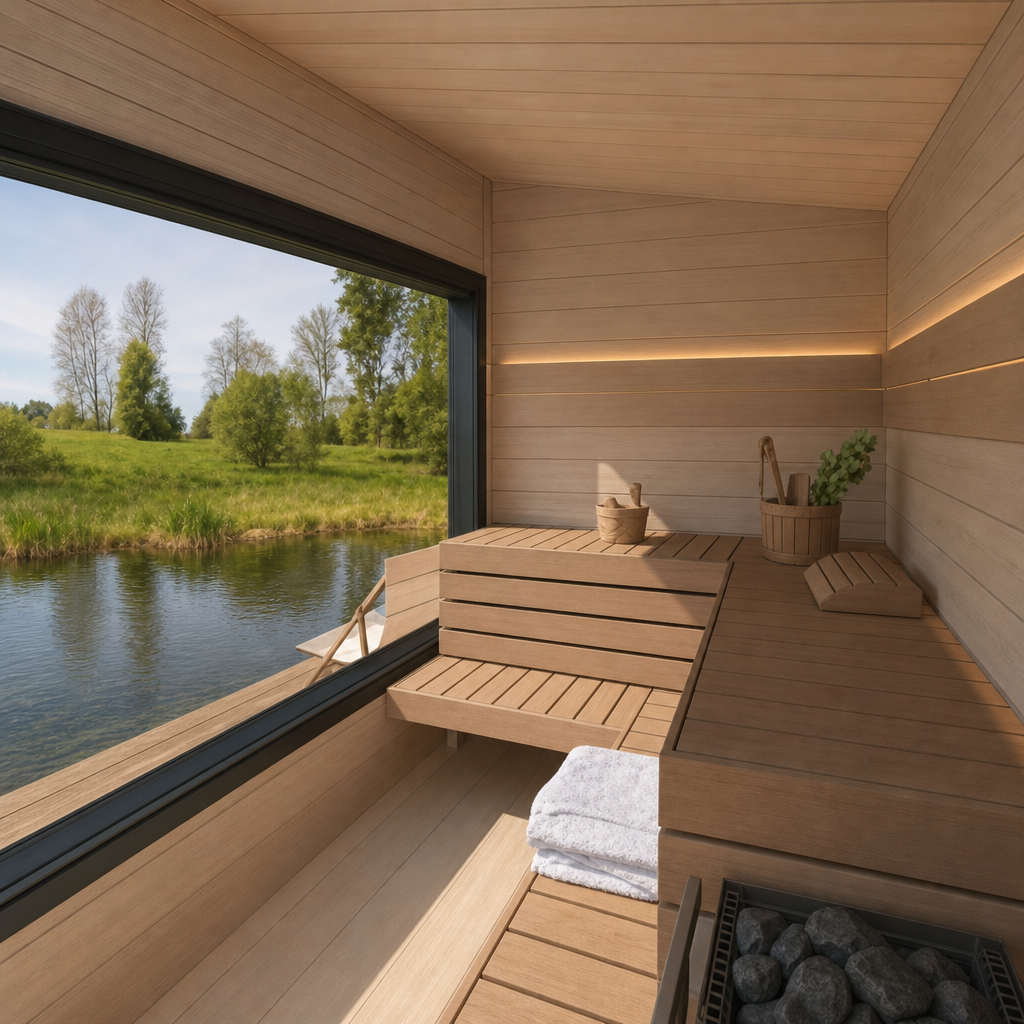 Modular Outdoor Sauna Kalle — Painted Black Spruce Cabin, 4.9m² — lifestyle photo 1