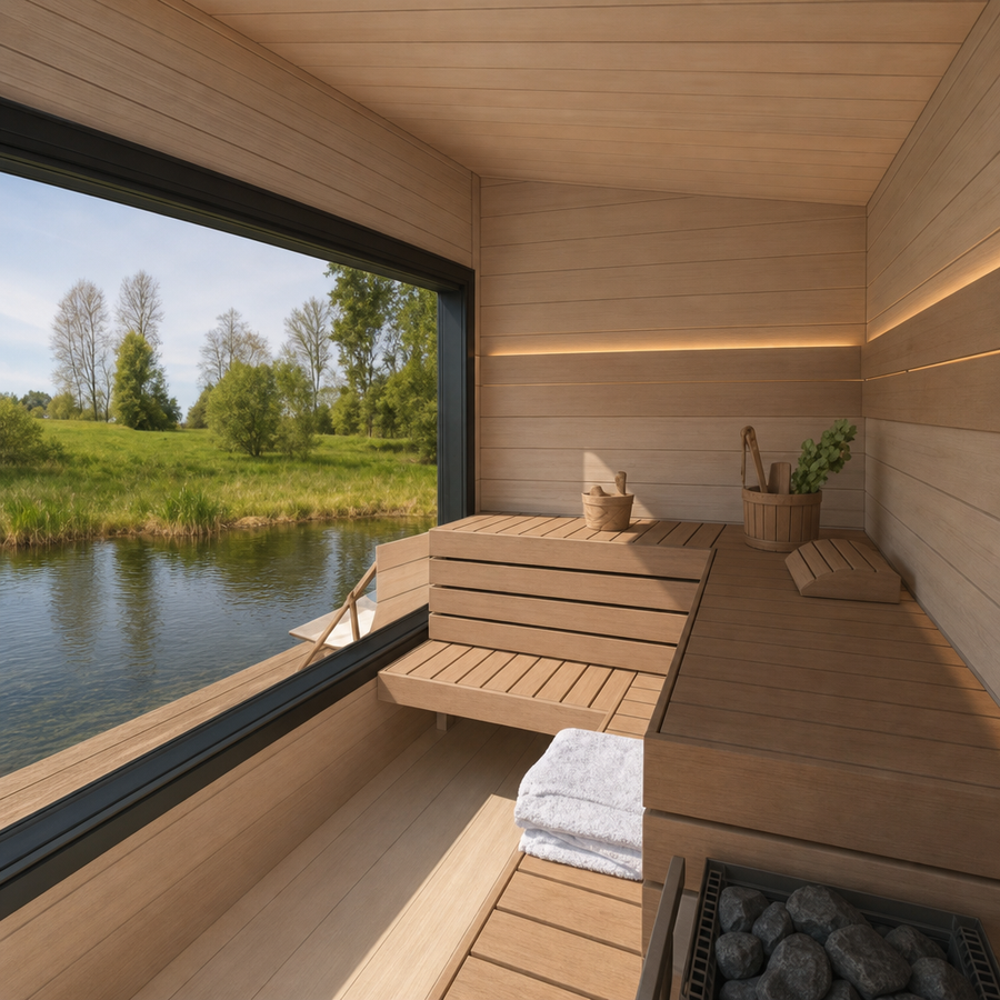 Modular Outdoor Sauna Kalle — Painted Black Spruce Cabin, 4.9m² — lifestyle photo 1