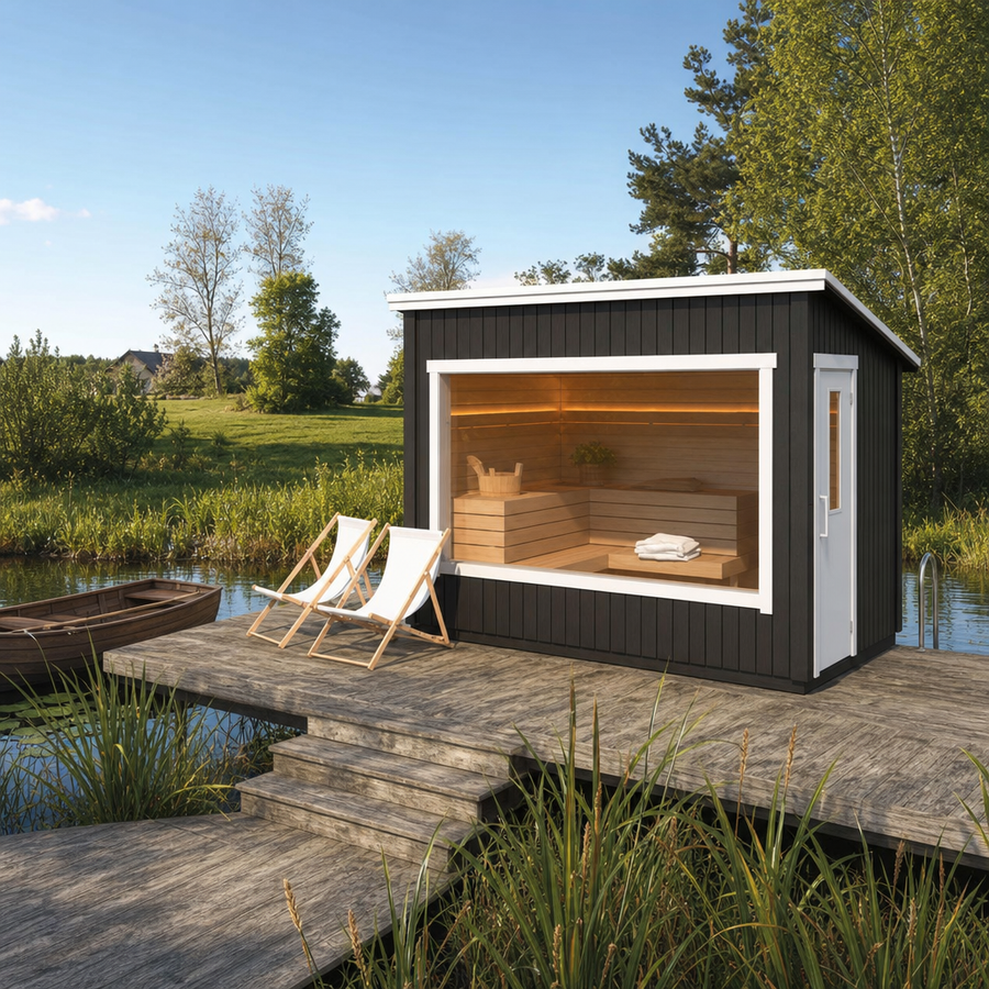 Modular Outdoor Sauna Kalle — Painted Black Spruce Cabin, 4.9m² — lifestyle photo 2
