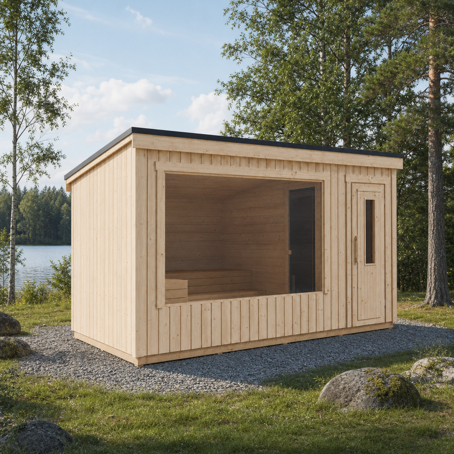 Modular Outdoor Sauna Kalle L — Painted Black Spruce, 7.6m² — lifestyle photo 1