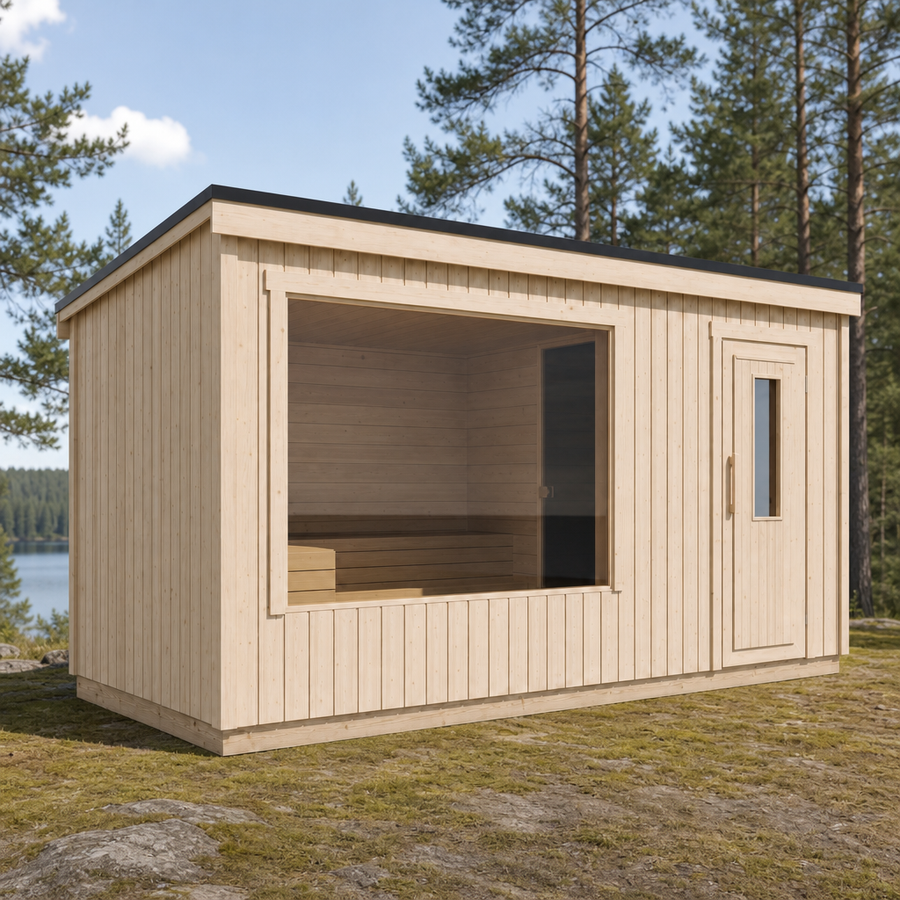 Modular Outdoor Sauna Kalle XL — Painted Black Spruce, 10.7m² — lifestyle photo 1