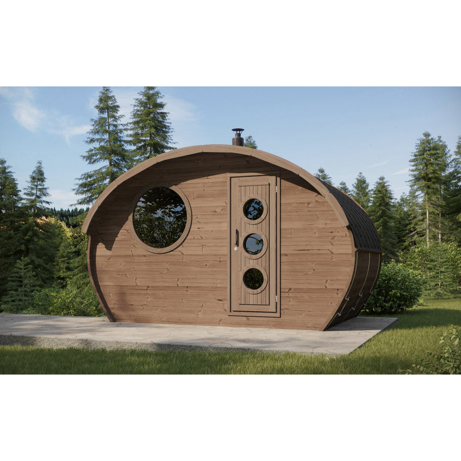 Oval Sauna Frodo 240 — Standard Depth Thermowood Garden Sauna — lifestyle photo 1