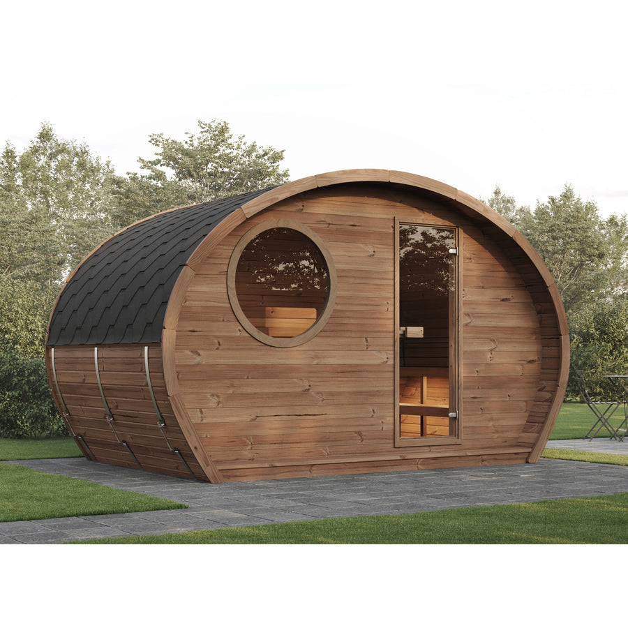 Oval Sauna Frodo 240 XL Room — Glass Door & Round Window Thermowood — lifestyle photo 1