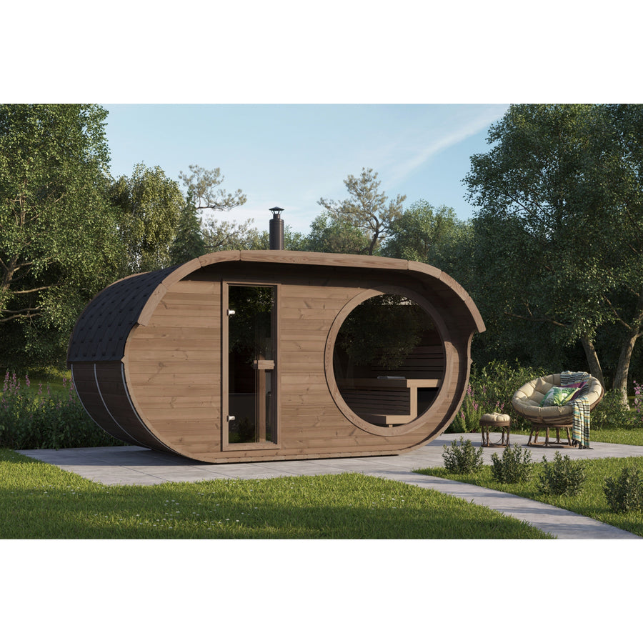 Oval Sauna Raiki — Thermowood Garden Sauna, Distinctive Curved Profile — lifestyle photo 1