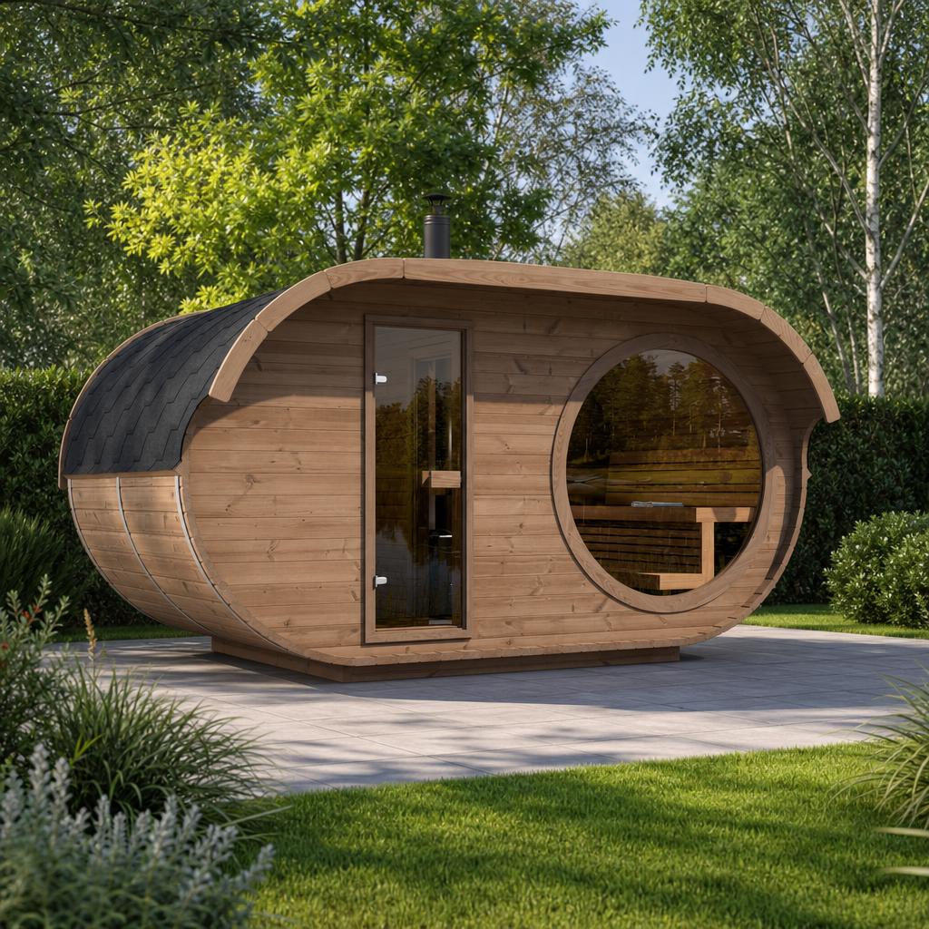 Oval Sauna Raiki — 5–6 Person Thermowood Garden Sauna, 148cm Round Window, 4.05 × 2.4m