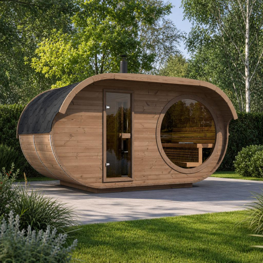Oval Sauna Raiki — Thermowood Garden Sauna, Distinctive Curved Profile — thermowood — lifestyle photo 1