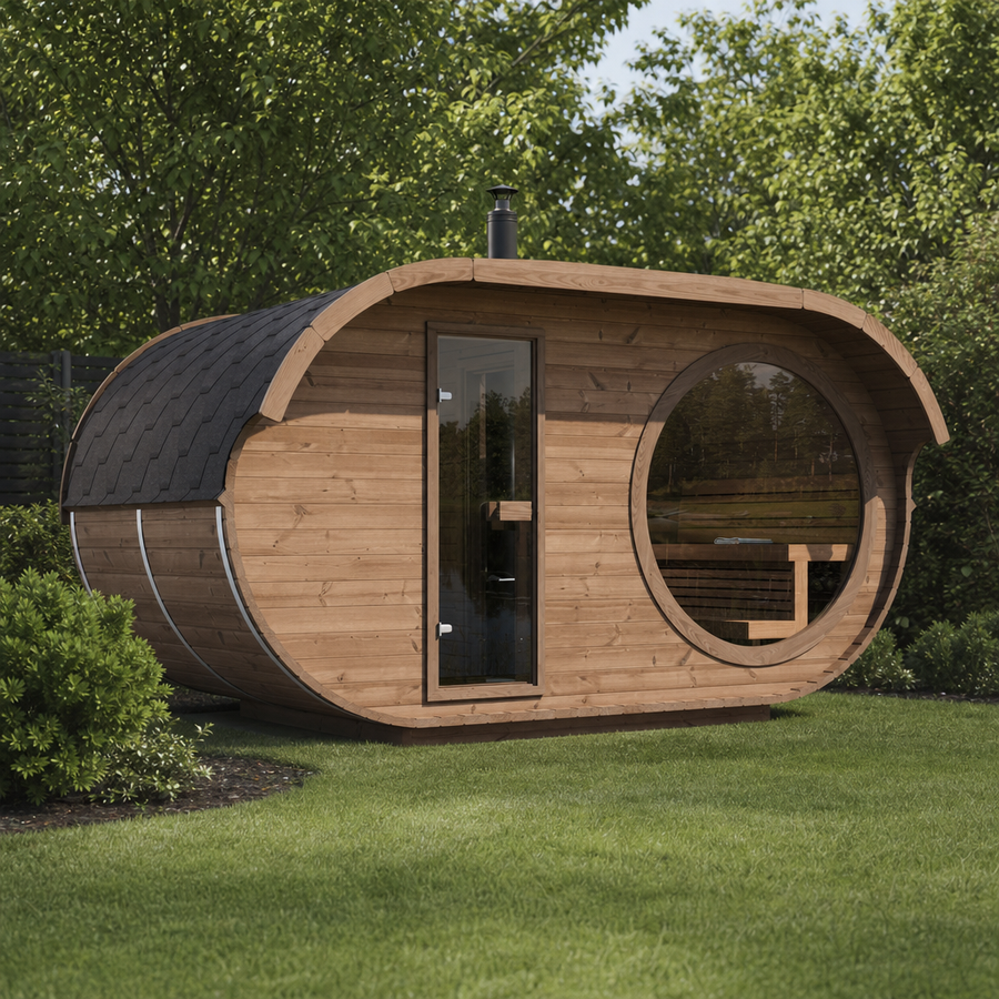 Oval Sauna Raiki — Thermowood Garden Sauna, Distinctive Curved Profile — thermowood — lifestyle photo 2
