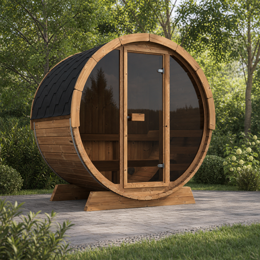 Pool Sauna — Full Front Glass Thermowood Barrel Sauna for Poolside — lifestyle photo 1