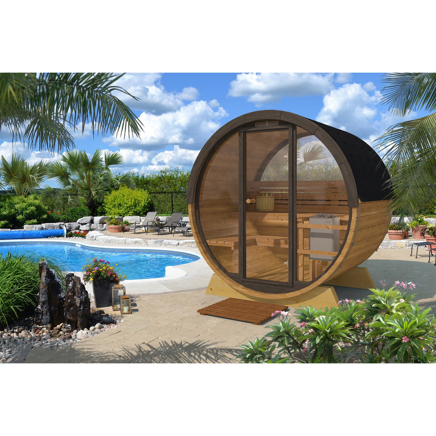 Pool Sauna — Full Front Glass Thermowood Barrel Sauna for Poolside — lifestyle photo 2