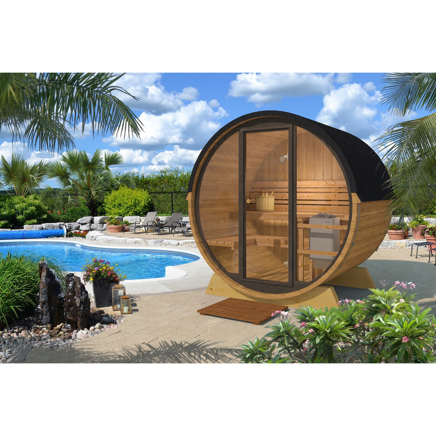 Pool Sauna — Full Front Glass Thermowood Barrel Sauna for Poolside — lifestyle photo 4