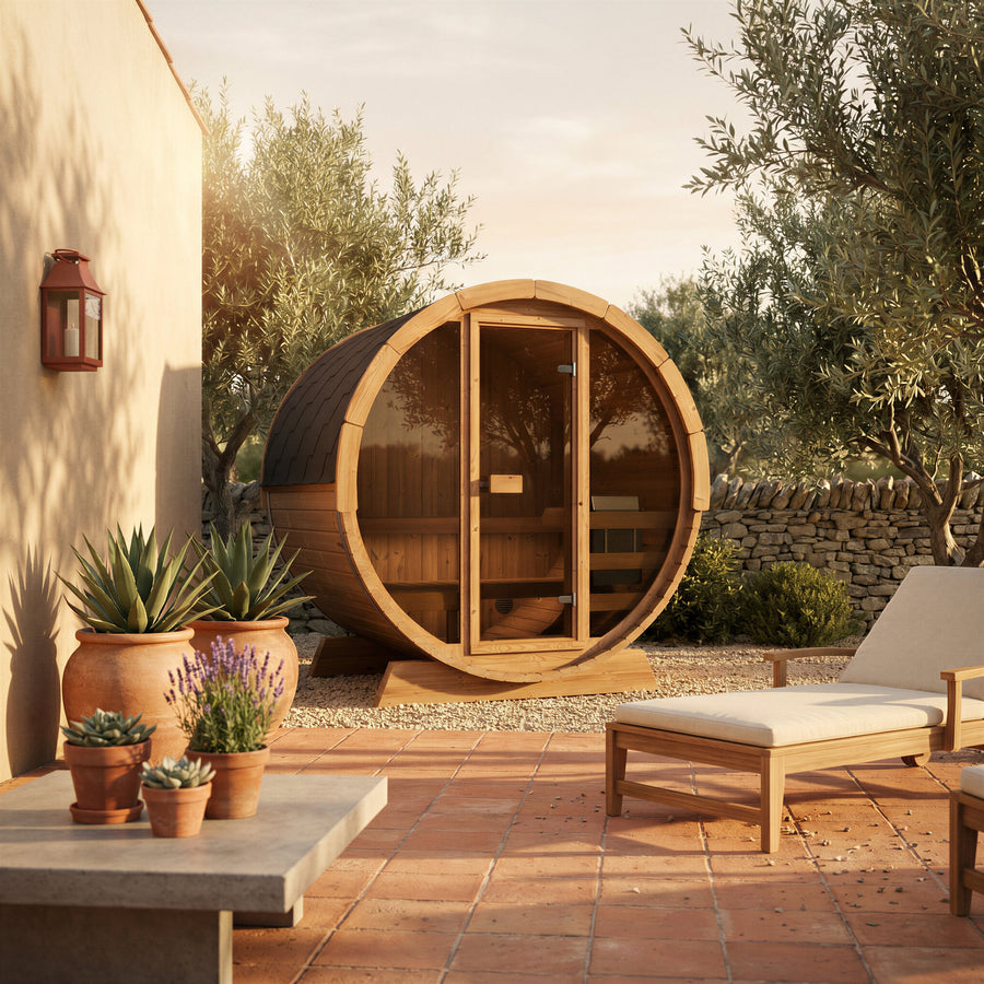 Pool Sauna — Full Front Glass Thermowood Barrel Sauna for Poolside — lifestyle photo 5