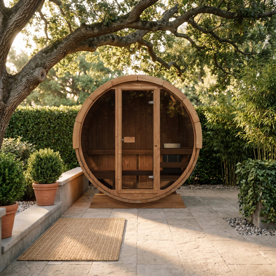 Pool Sauna — Full Front Glass Thermowood Barrel Sauna for Poolside — lifestyle photo 6