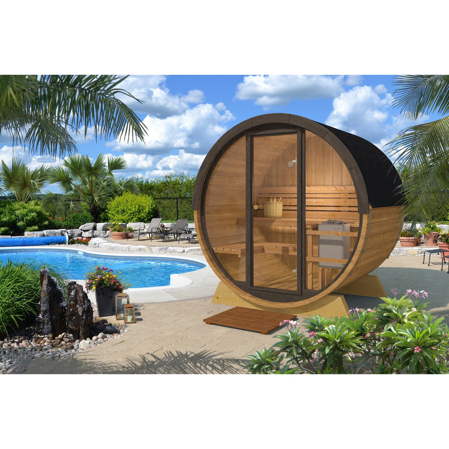 Pool Sauna — Full Front Glass Thermowood Barrel Sauna for Poolside — lifestyle photo 8