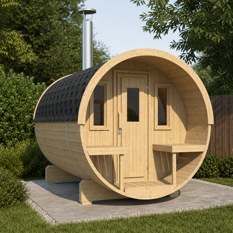 Barrel Sauna 280 — Thermowood Garden Sauna for Bigger Groups, 2.8m — lifestyle photo 1