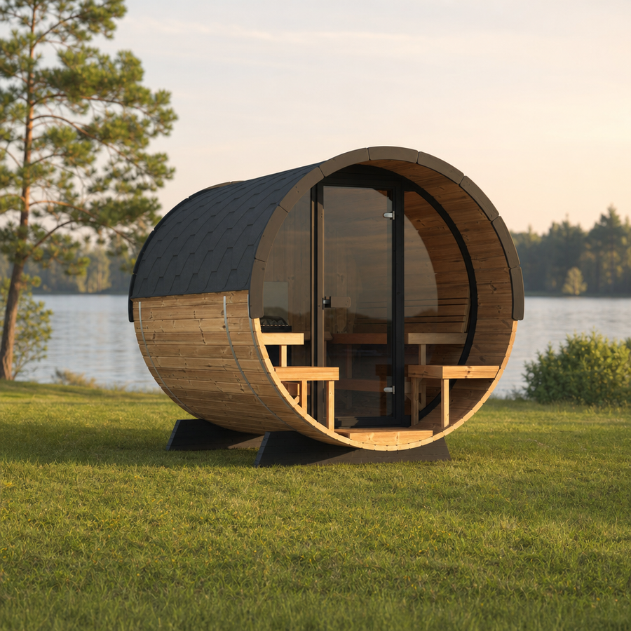 Barrel Sauna 280 Deluxe — Full Front Glass Thermowood Sauna, 2.8m — lifestyle photo 1