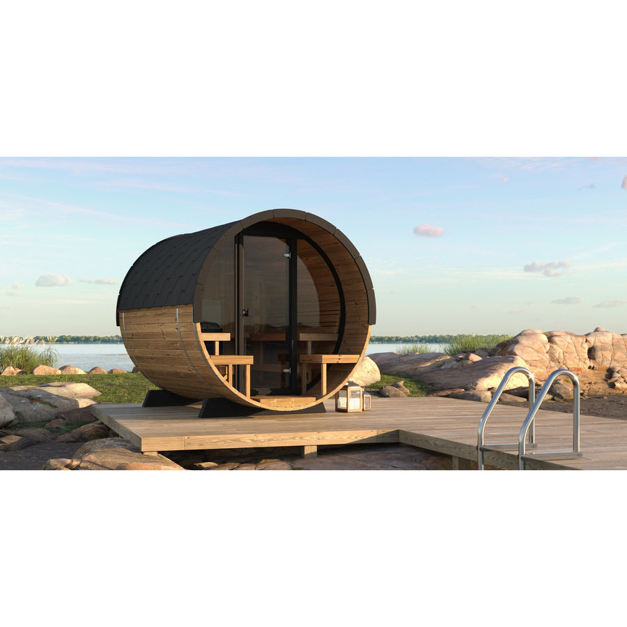 Barrel Sauna 280 Deluxe — Full Front Glass Thermowood Sauna, 2.8m — lifestyle photo 2