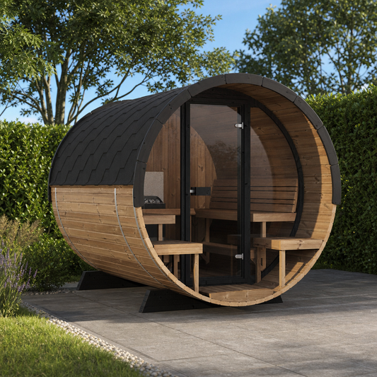 Barrel Sauna 280 Deluxe — Full Front Glass Thermowood Sauna, 2.8m — lifestyle photo 3