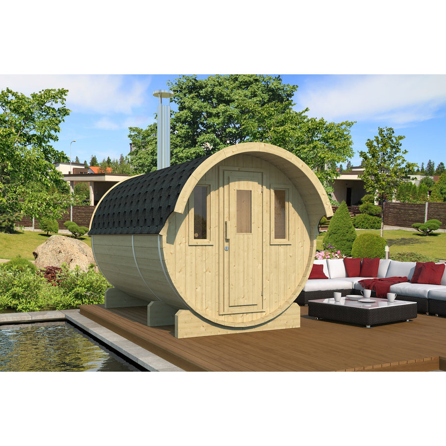 Barrel Sauna 330 with Overhang — Thermowood, Sheltered Entrance 3.3m — lifestyle photo 1