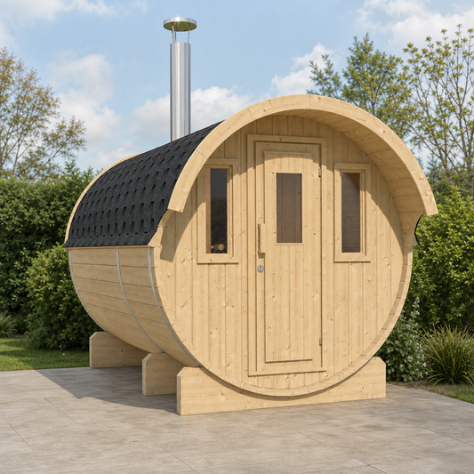 Barrel Sauna 330 with Overhang — Spruce Sauna, Sheltered Entrance 3.3m — lifestyle photo 2