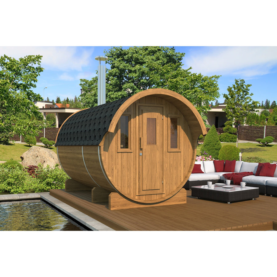 Barrel Sauna 330 with Overhang — Spruce Sauna, Sheltered Entrance 3.3m — lifestyle photo 3