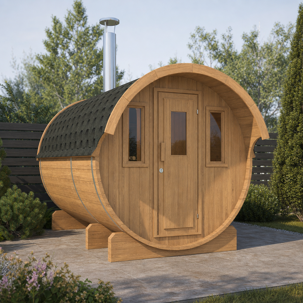Barrel Sauna 330 with Overhang — 6–7 Person Thermowood Garden Sauna, Entrance Overhang, 3.3m