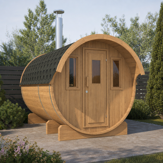 Barrel Sauna 330 with Overhang — Thermowood, Sheltered Entrance 3.3m — lifestyle photo 4