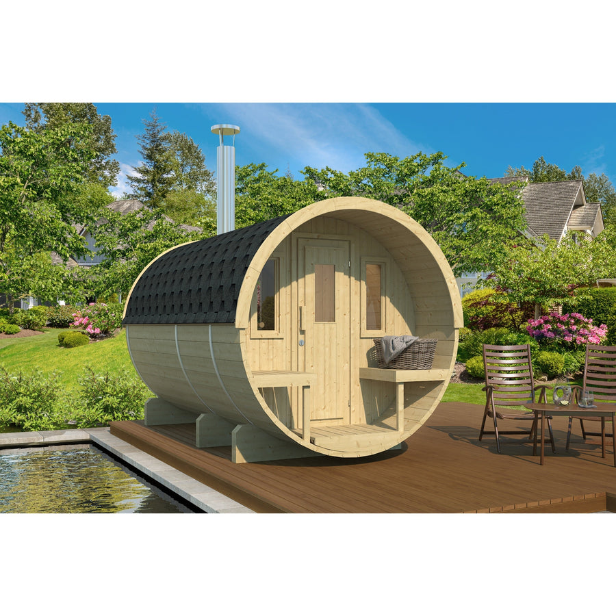 Barrel Sauna 330 with Terrace — Spruce Sauna & Outdoor Seating, 3.3m — lifestyle photo 5