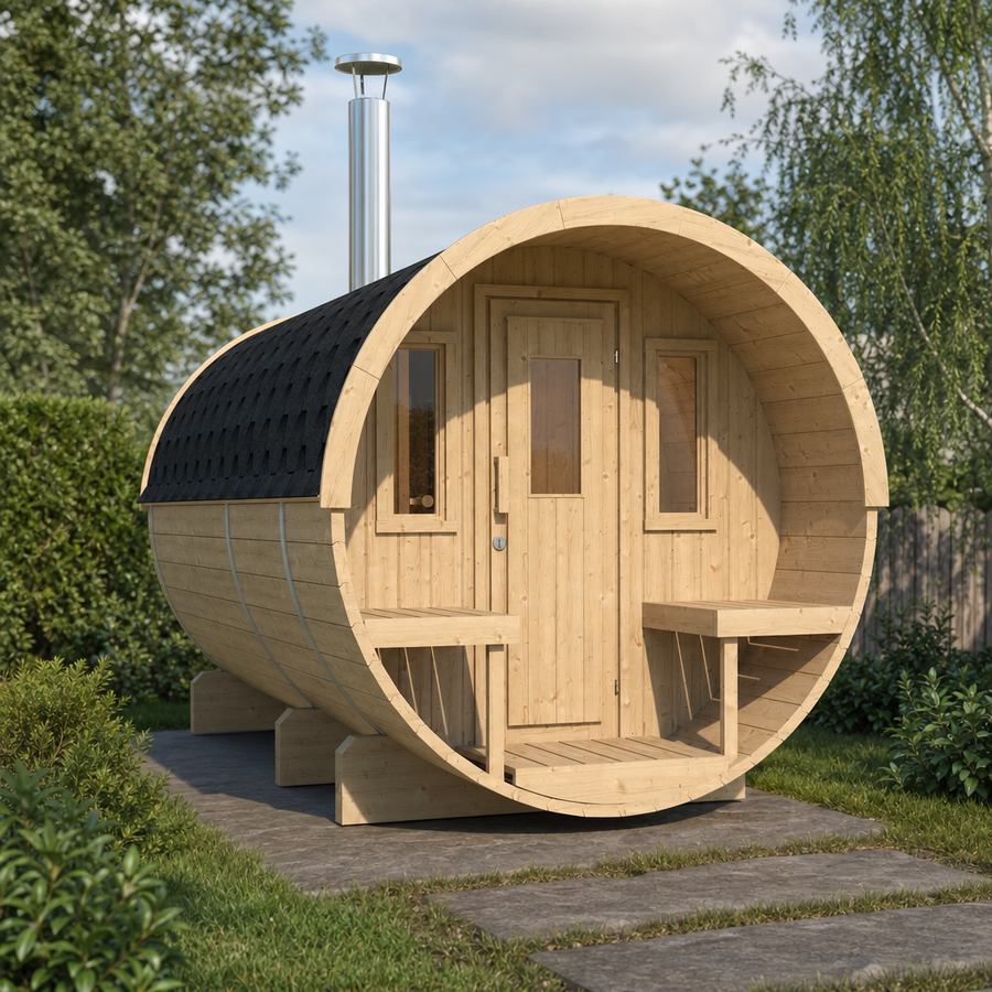Barrel Sauna 330 with Terrace — Spruce Sauna & Outdoor Seating, 3.3m — lifestyle photo 6