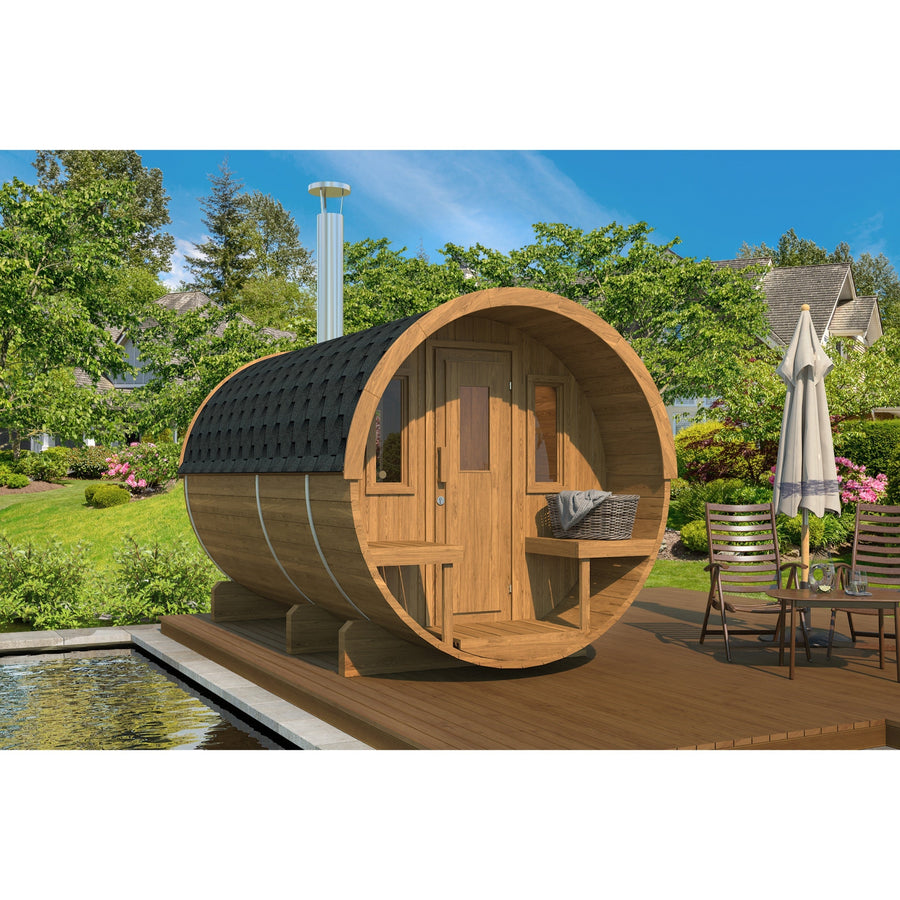 Barrel Sauna 330 with Terrace — Spruce Sauna & Outdoor Seating, 3.3m — lifestyle photo 7