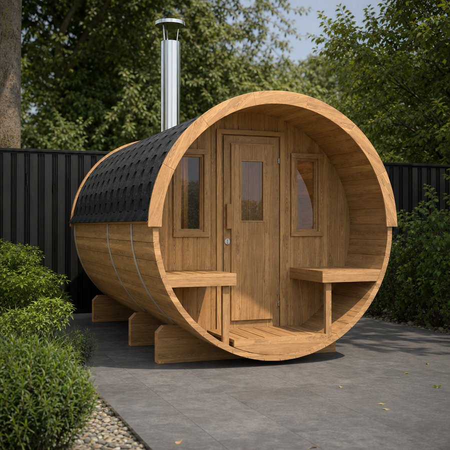 Barrel Sauna 330 with Terrace — Spruce Sauna & Outdoor Seating, 3.3m — lifestyle photo 8