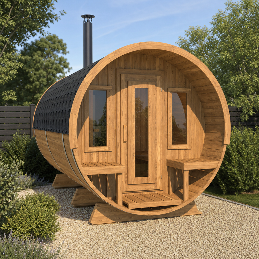 Barrel Sauna 400 Deluxe — Half-Moon Glass Thermowood Sauna, 4m — thermowood — lifestyle photo 2
