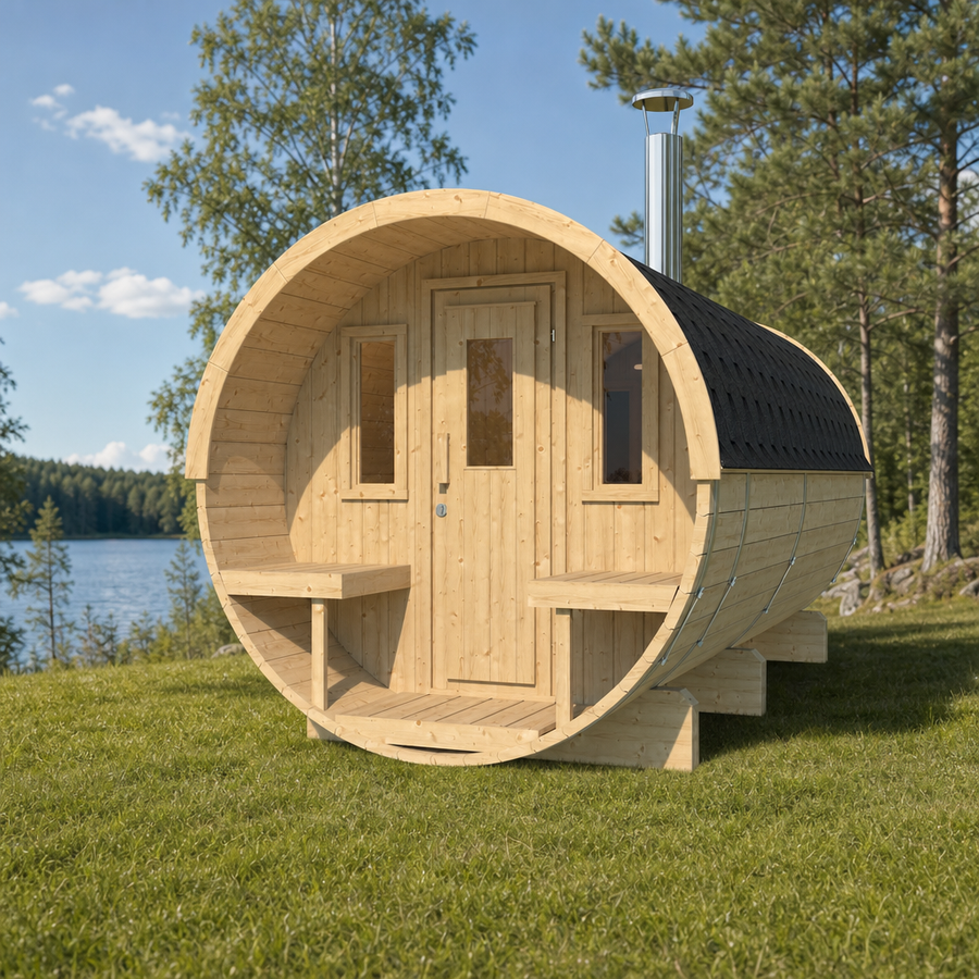 Barrel Sauna 400 Deluxe — Half-Moon Glass Thermowood Sauna, 4m — lifestyle photo 1