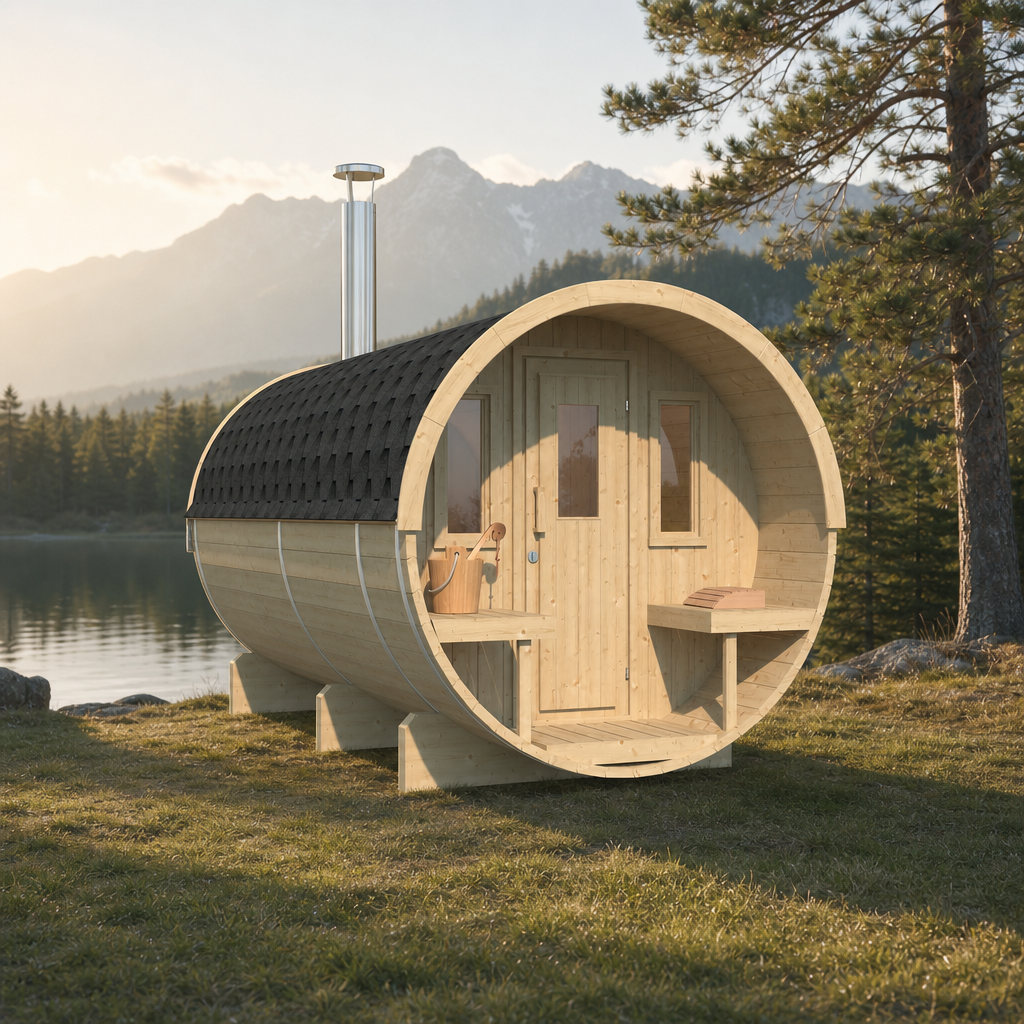 Barrel Sauna 400 Deluxe — 7–8 Person Spruce Garden Sauna, Half-Moon Glass, 4m