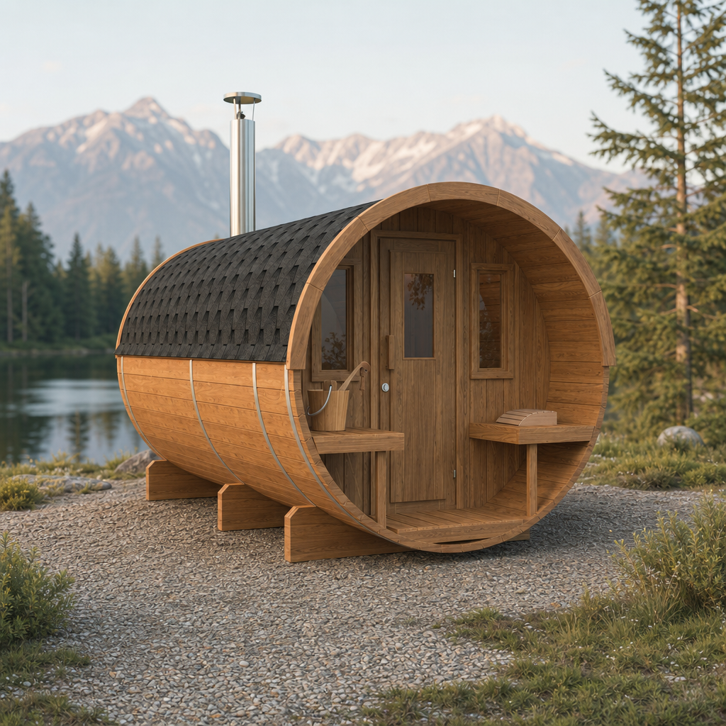 Barrel Sauna 400 Deluxe — 7–8 Person Thermowood Garden Sauna, Half-Moon Glass, 4m