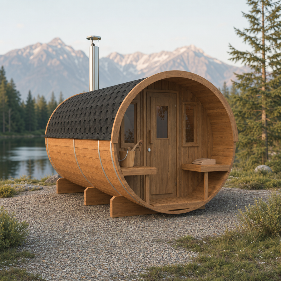 Barrel Sauna 400 Deluxe — Half-Moon Glass Spruce Sauna, 4m — lifestyle photo 3