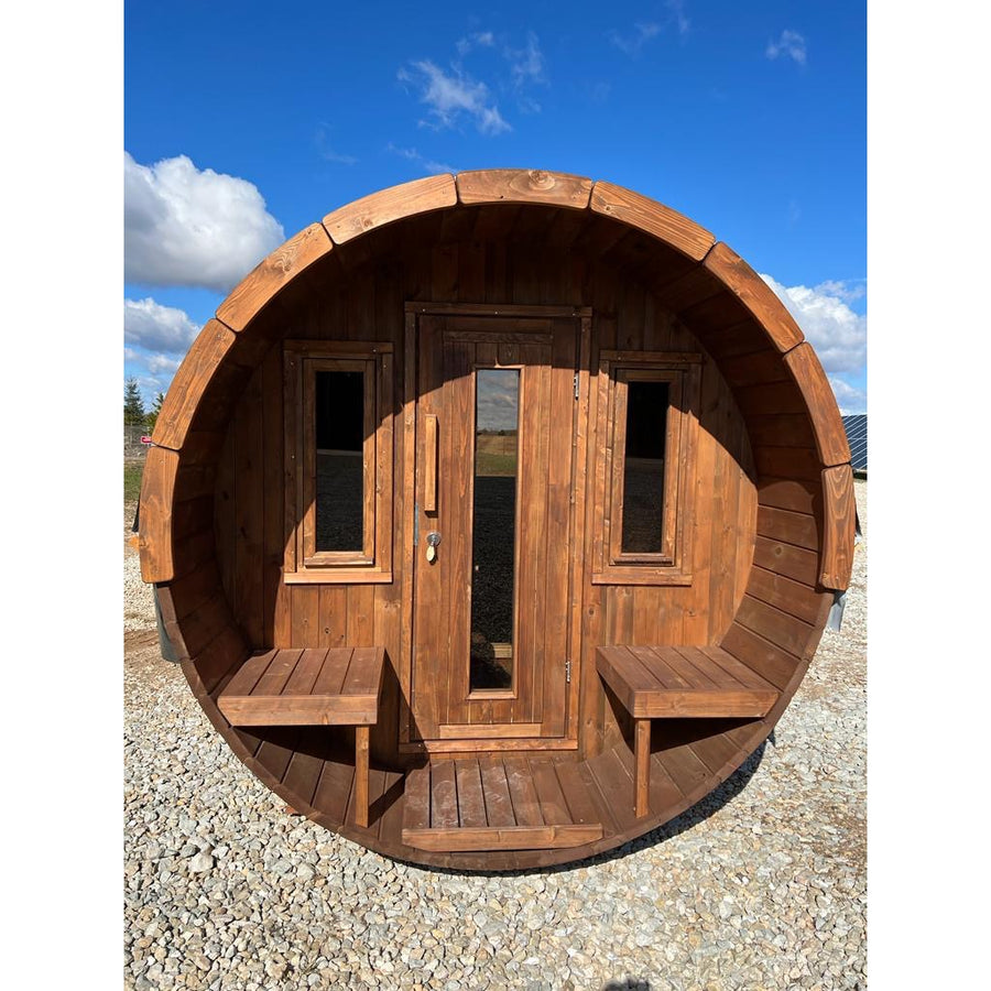 Barrel Sauna 400 Deluxe — Half-Moon Glass Spruce Sauna, 4m — lifestyle photo 6