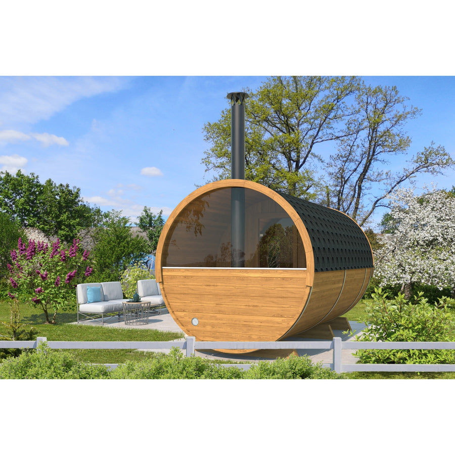 Barrel Sauna 400 Deluxe — Half-Moon Glass Thermowood Sauna, 4m — lifestyle photo 7