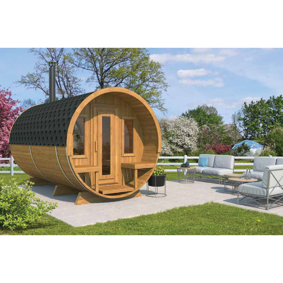 Barrel Sauna 400 Deluxe — Half-Moon Glass Thermowood Sauna, 4m — lifestyle photo 9