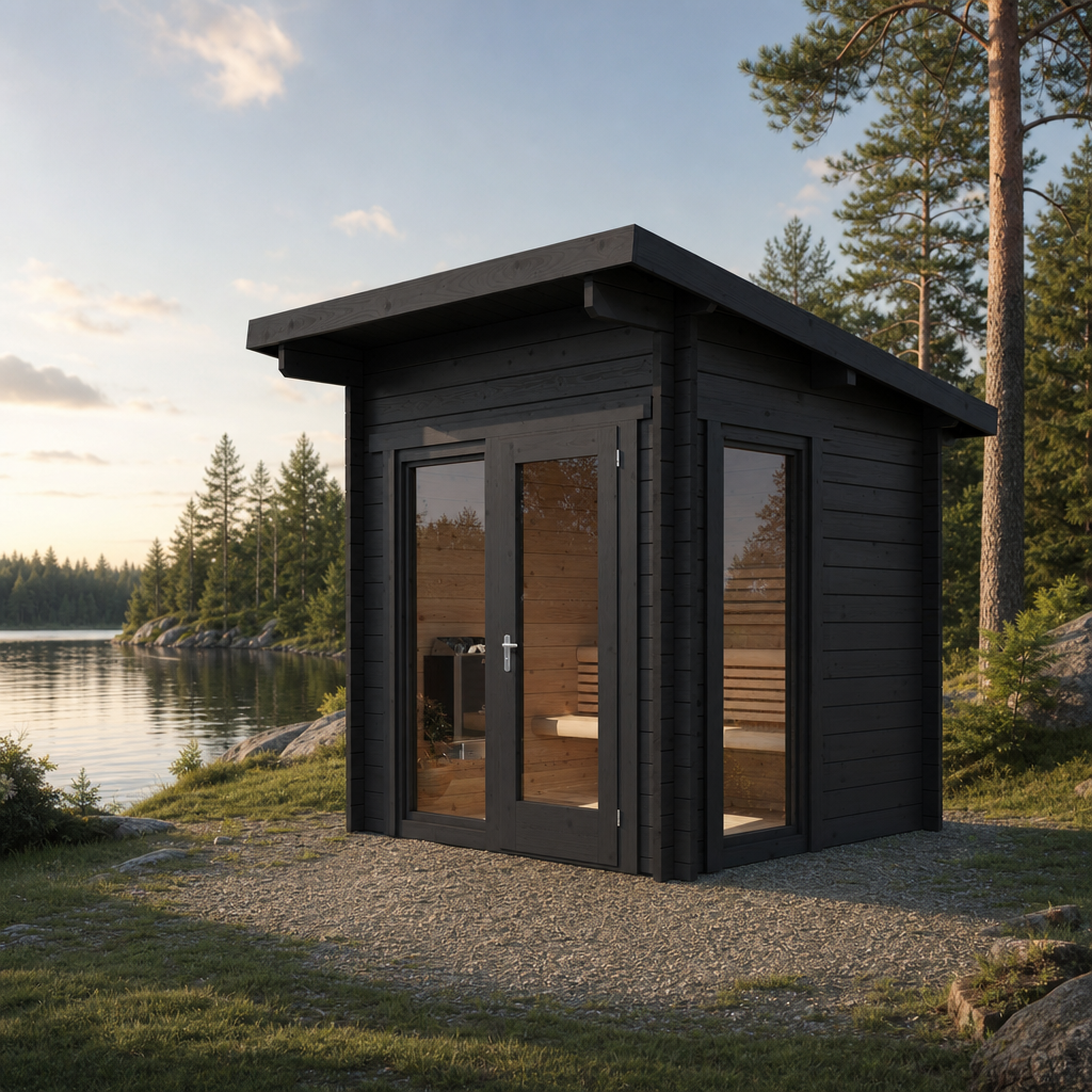 Log Cube Sauna Panorama — 2–3 Person 45mm Spruce Garden Sauna, Floor-to-Ceiling Panoramic Glass, 4m²