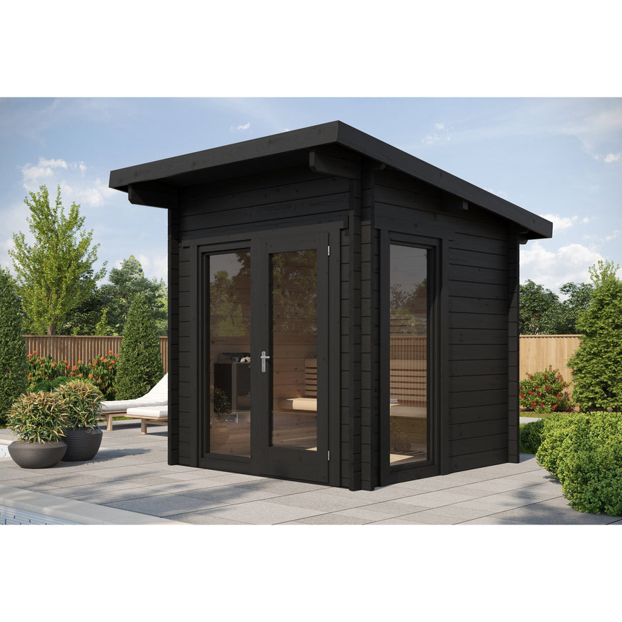 Log Cube Sauna Panorama — 45mm Spruce Sauna, Full Glass Front — lifestyle photo 2