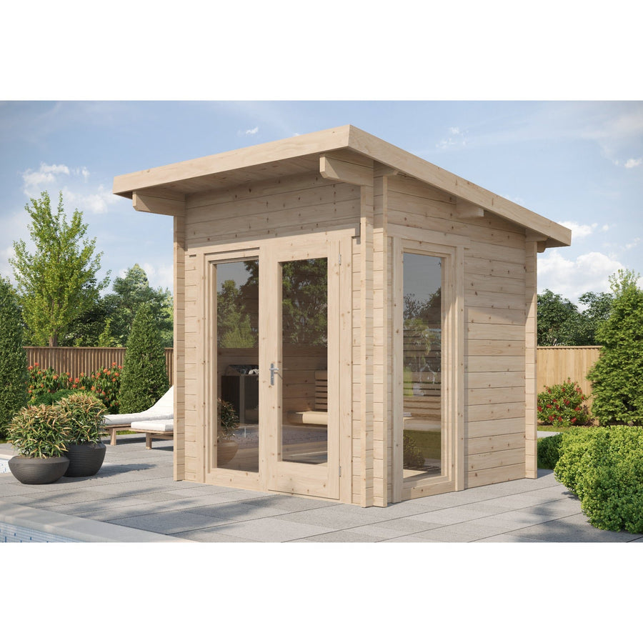 Log Cube Sauna Panorama — 45mm Spruce Sauna, Full Glass Front — lifestyle photo 4