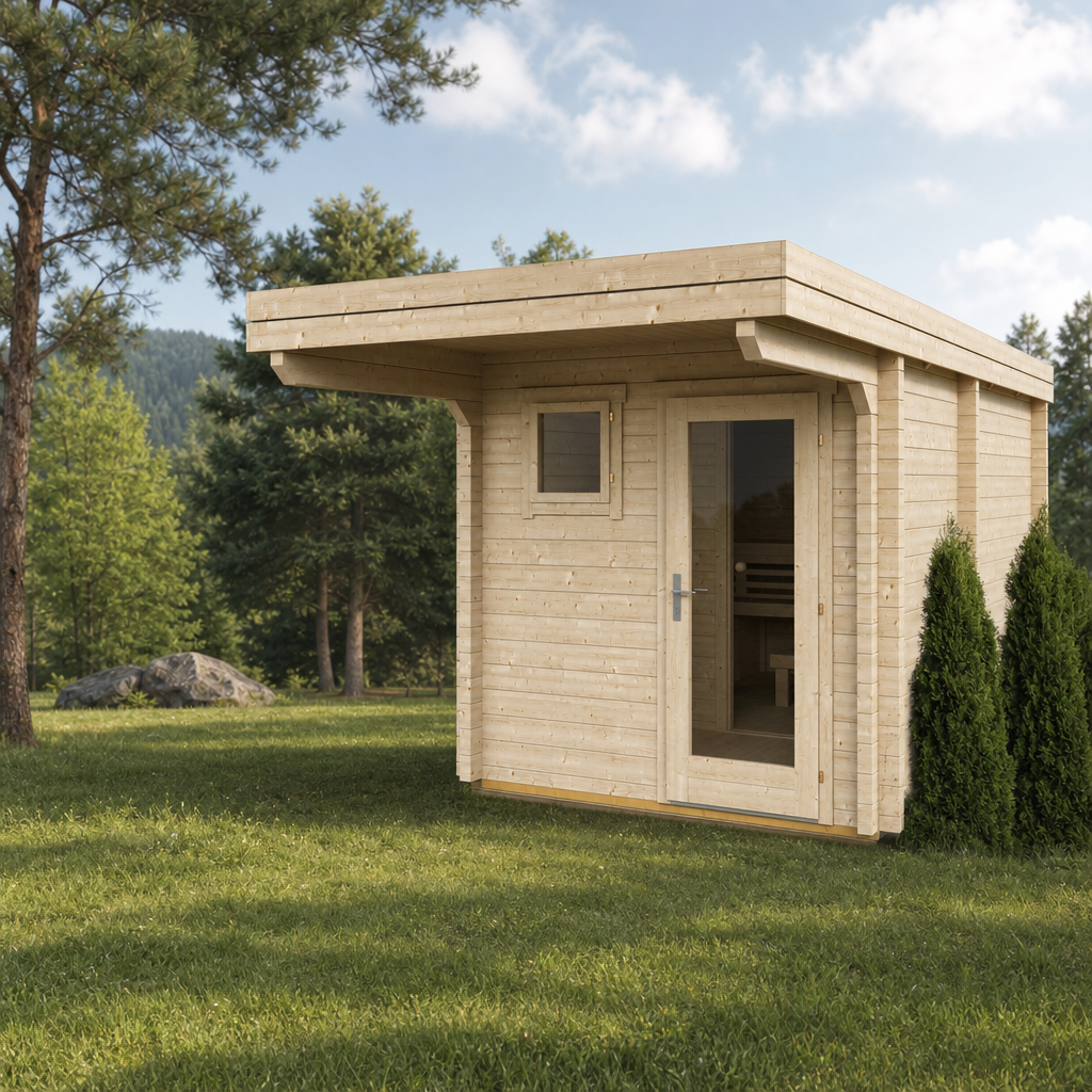 Log Sauna Eero — 5–6 Person 70mm Spruce Garden Sauna, Two Rooms, Flat Roof & Entrance Overhang, 8.2m²